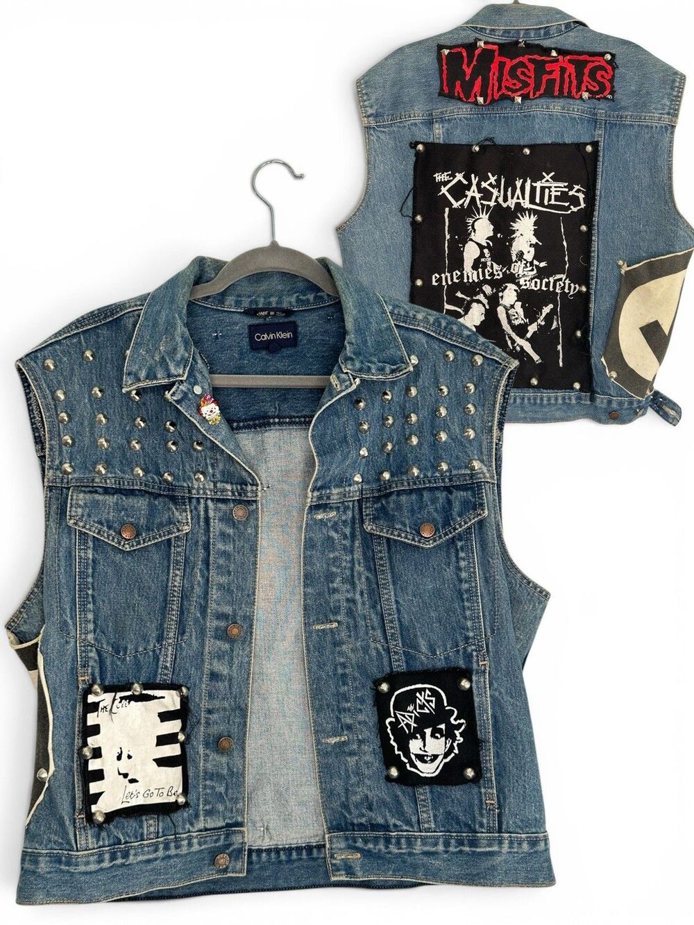Vtg Calvin Klein Punk Battle Vest XL Denim Misfits Casualties Adicts Studded USA